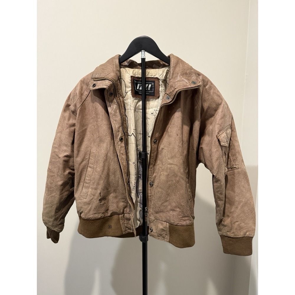 Vintage IZZI Bomber Jacket Men's Medium Brown Distressed Made In Korea Full Zip